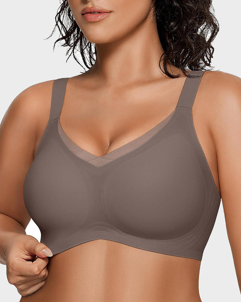 Bralette femenino sin aros con malla en V, cómodo y de soporte