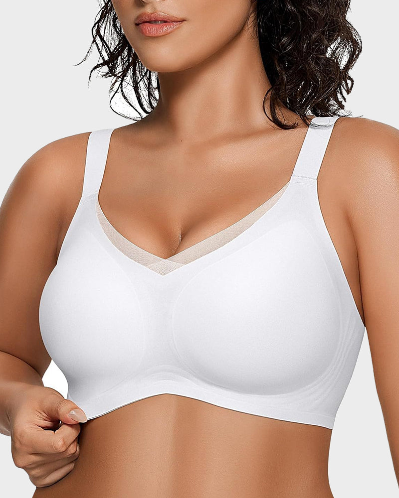 Bralette femenino sin aros con malla en V, cómodo y de soporte