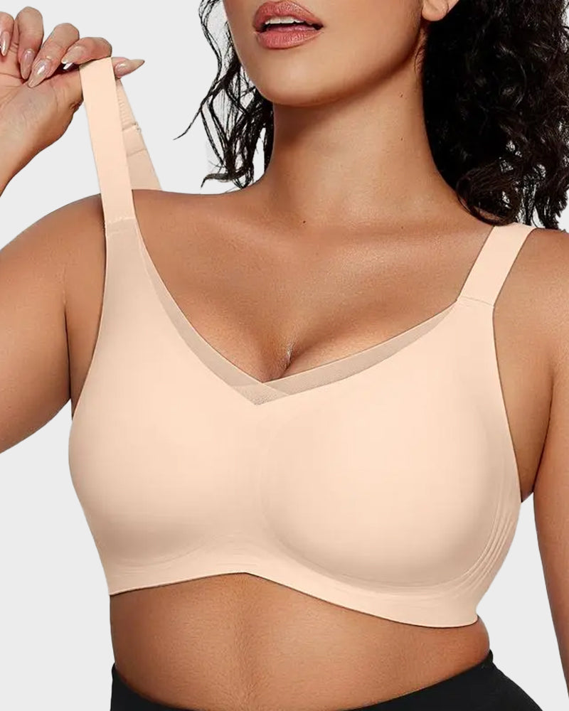 Bralette femenino sin aros con malla en V, cómodo y de soporte