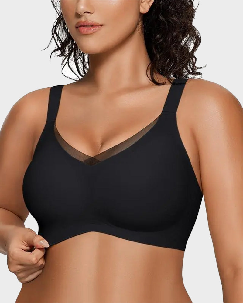 Bralette femenino sin aros con malla en V, cómodo y de soporte