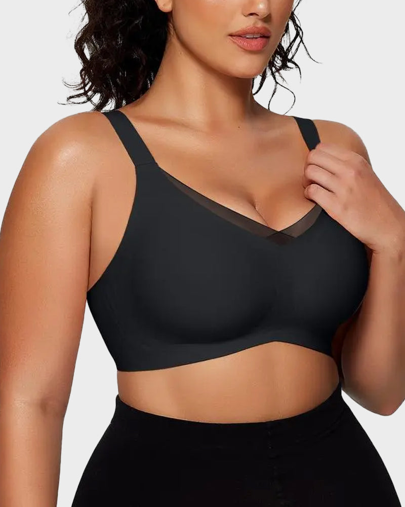 Bralette femenino sin aros con malla en V, cómodo y de soporte