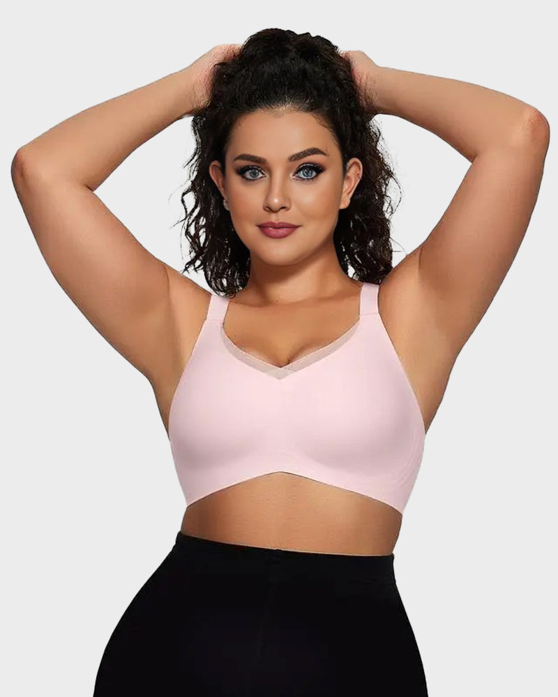Bralette femenino sin aros con malla en V, cómodo y de soporte