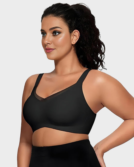 Bralette femenino sin aros con malla en V, cómodo y de soporte
